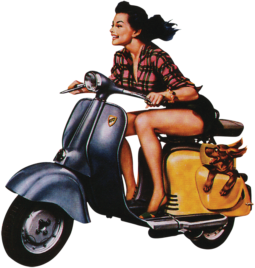 A woman riding a vintage scooter is on her way to get some pizza at Paesanos.